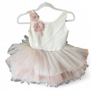 Tulleen Girls 7 Tutu White Pink Dress Floral Appliqué Wedding Ballet Flower Girl